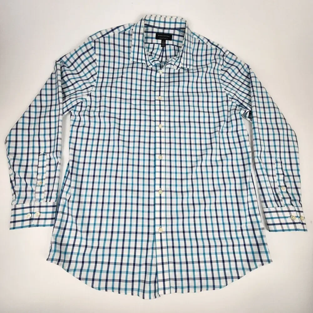 Banana Republic Non-Iron Classic Fit Men's Plaid Button Up Shirt Blue White L